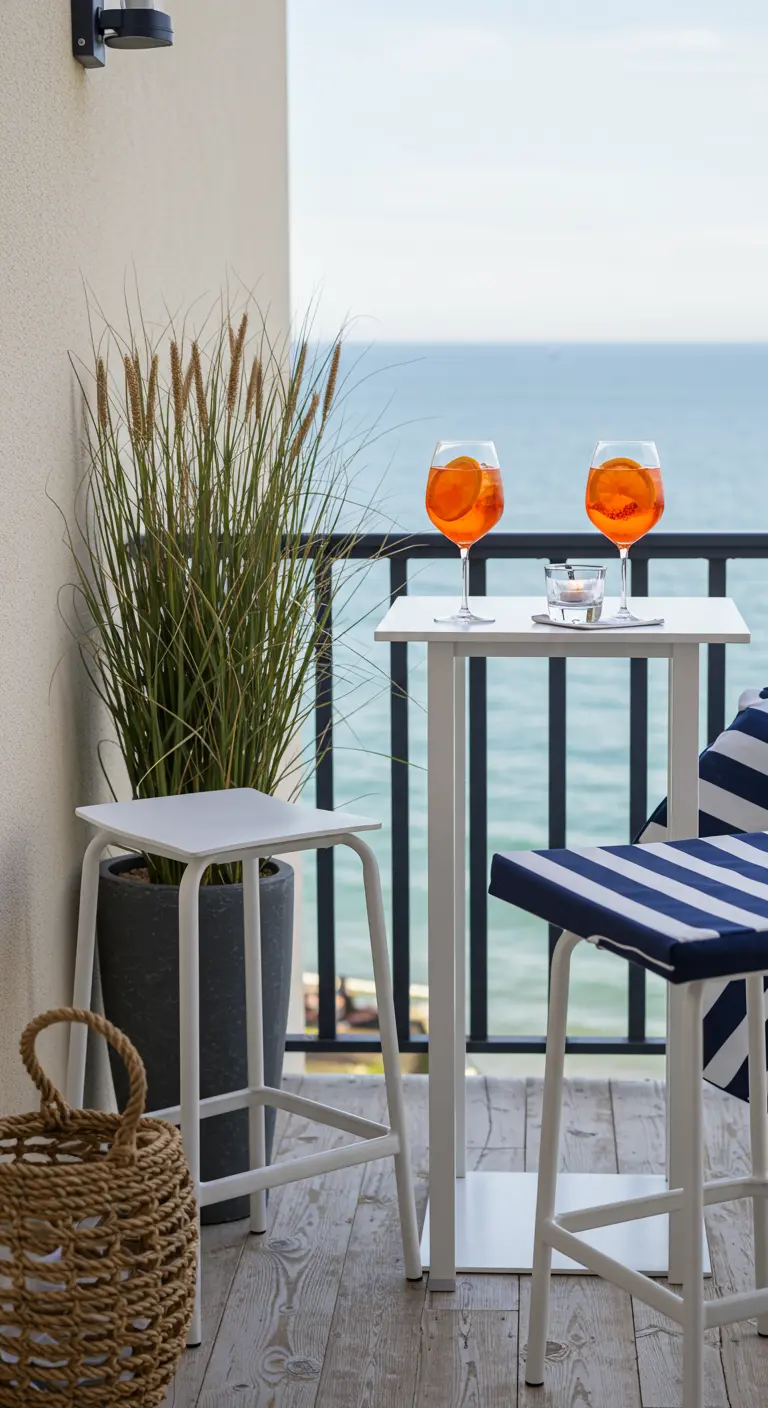 Modern balkon met zeezicht, een hoge witte bartafel, en krukken met blauw-wit gestreepte kussens.