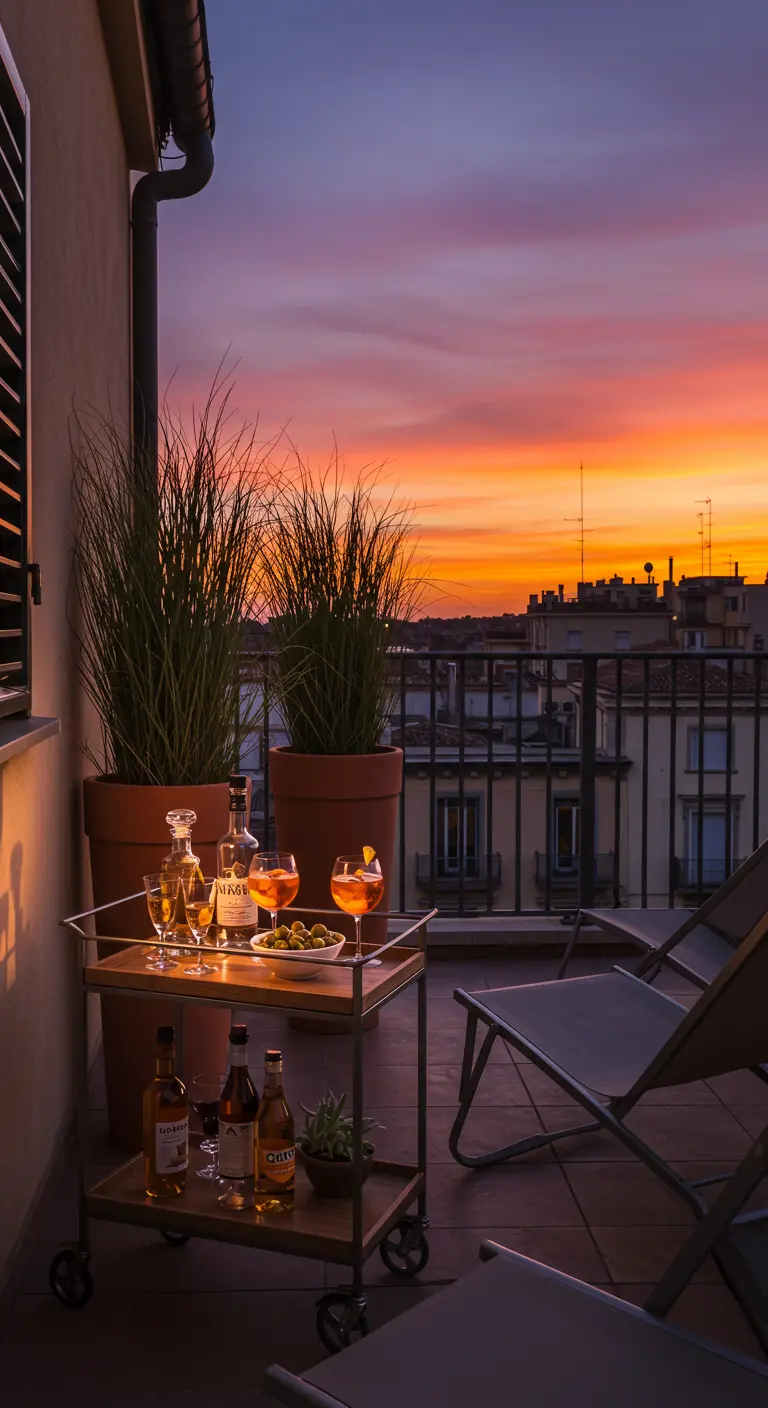 Balkon met bar cart en loungestoelen bij zonsondergang, perfect voor een drankje.