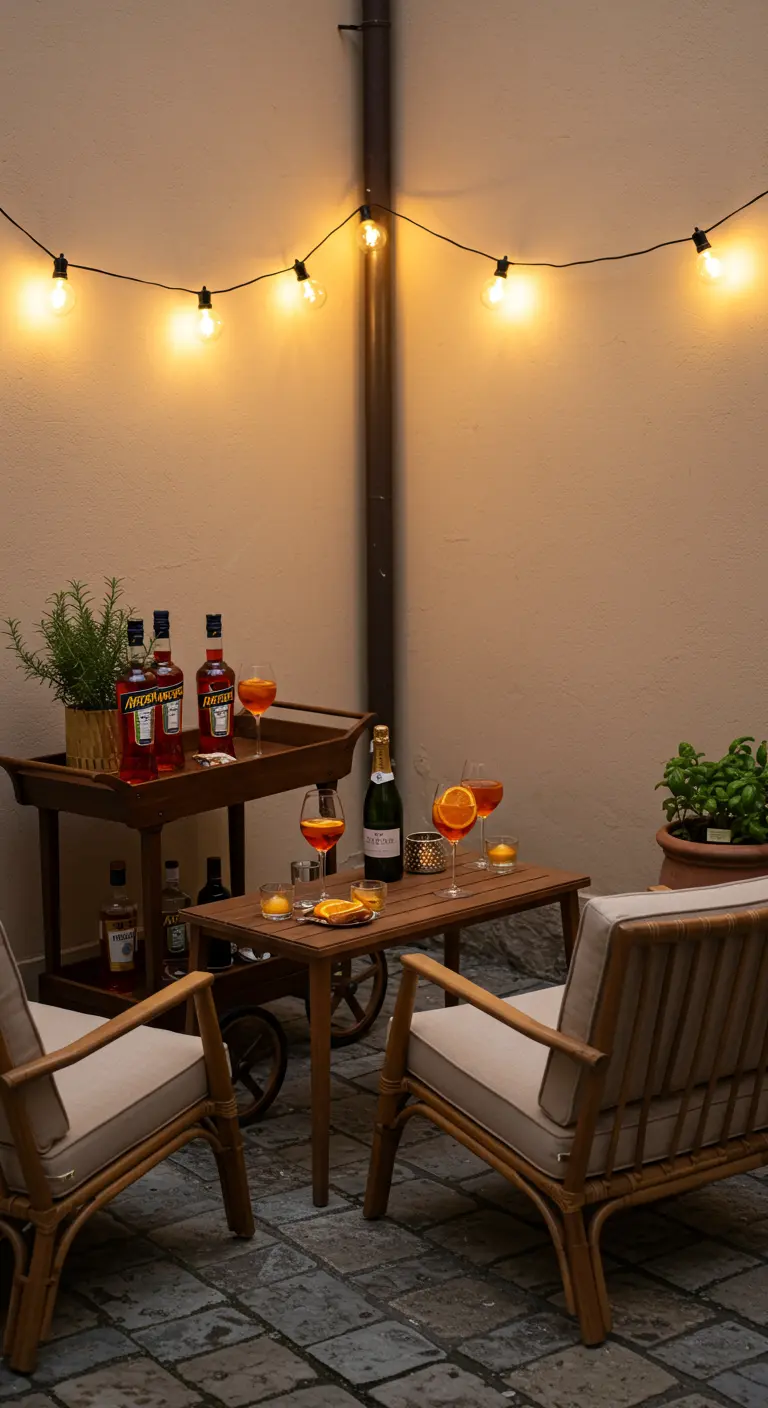Aperitivo-hoek met een barcart, Aperol Spritz en sfeervolle prikverlichting.