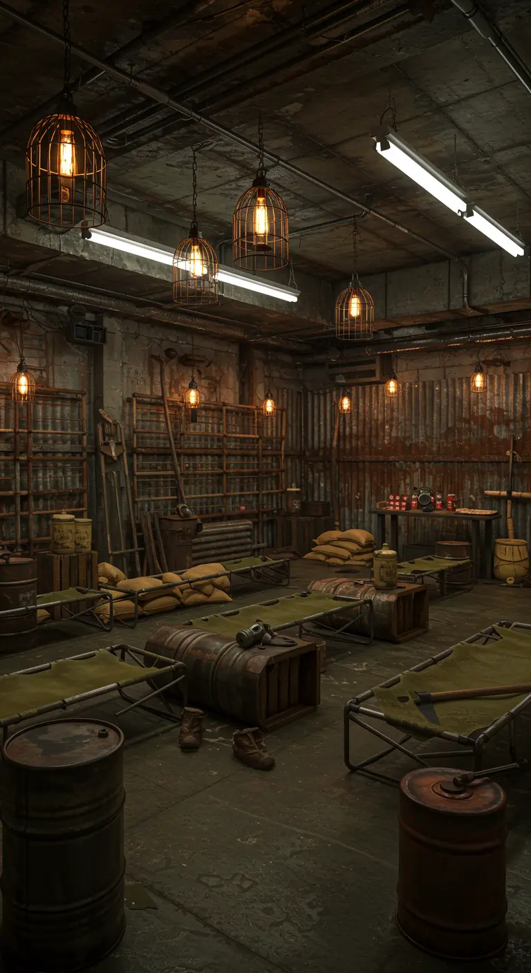 Post-apocalyptische bunker filmsetting met metalen muren, stretchers en industriële lampen.