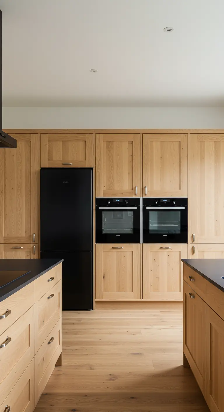 Houten keuken met een hoge kastenwand waarin een zwarte koelkast en zwarte ovens zijn ingebouwd.