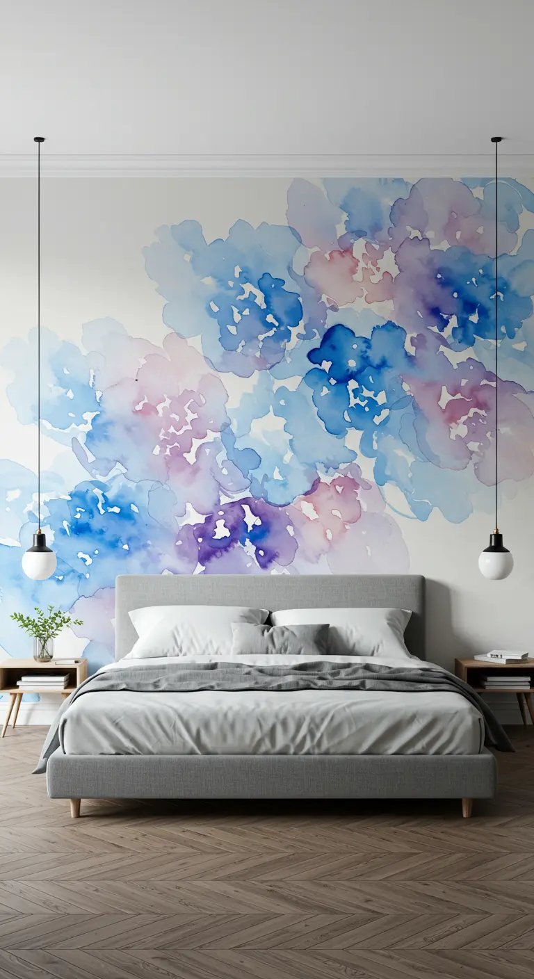 Moderne slaapkamer met een muurvullend aquarelbehang in blauw- en paarstinten achter een grijs bed.