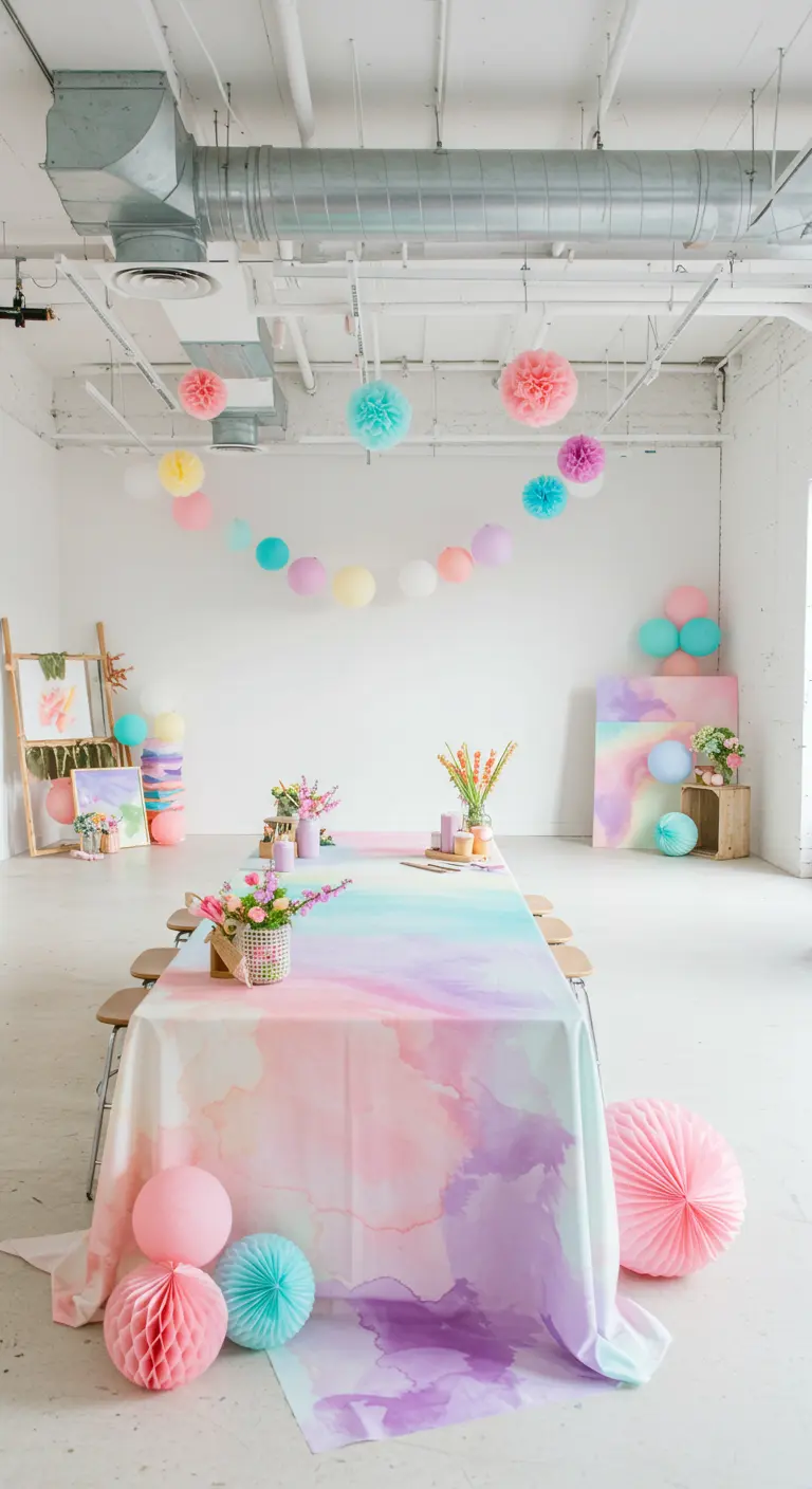 Lange witte tafel met een tafelkleed met aquarelprint in pastelkleuren.