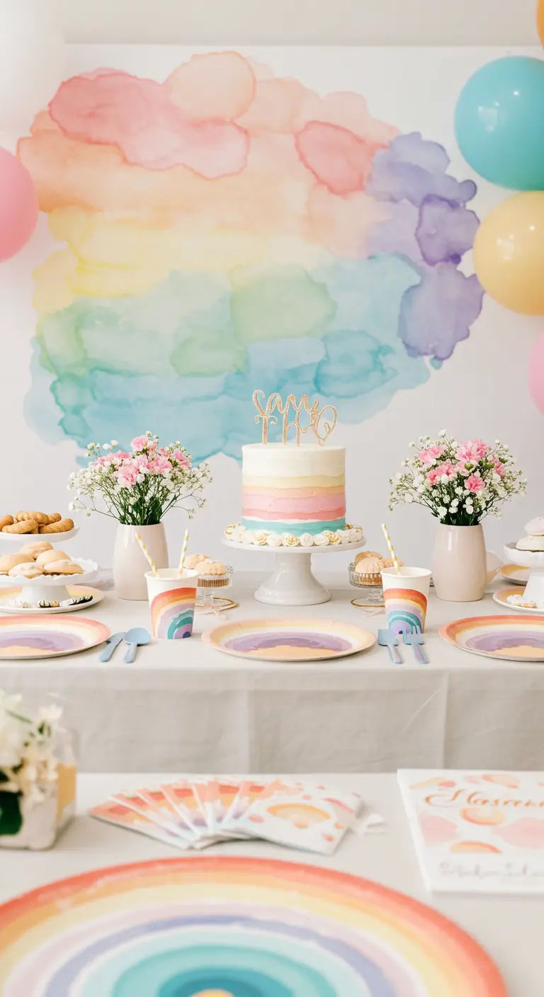 Feesttafel met een aquarel-regenboog als achtergrond en bijpassend servies.
