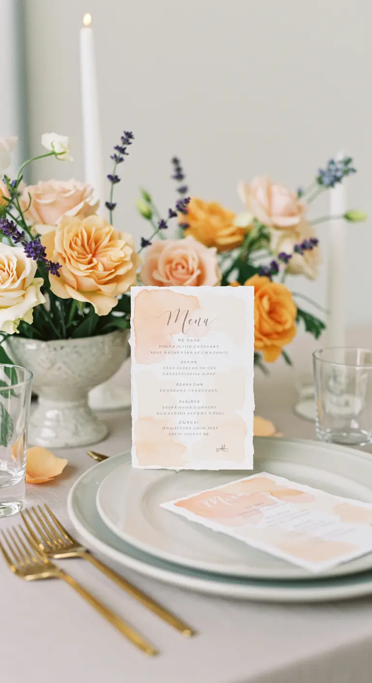 Menukaart met aquarel-effect in perziktinten, omringd door rozen en gouden bestek.