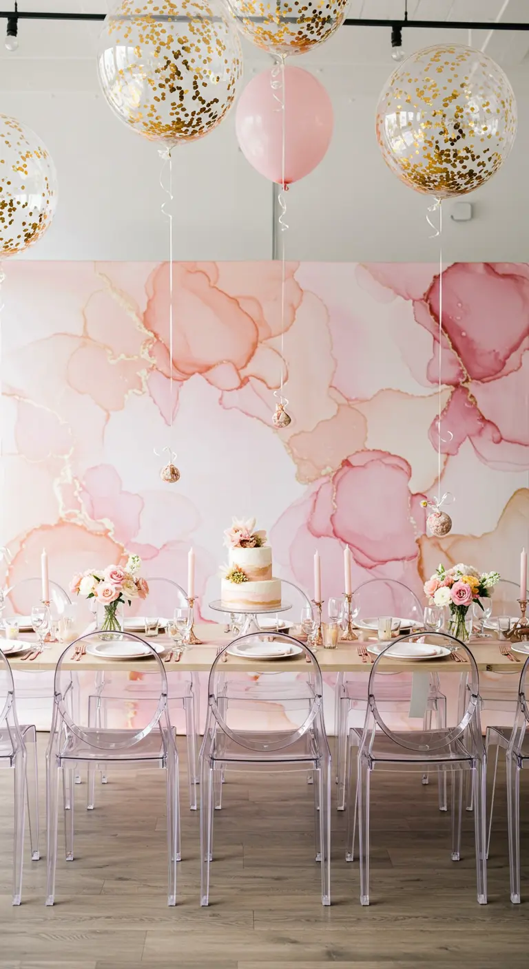 Tafelsetting voor een roze aquarel achtergrond met confetti ballonnen.