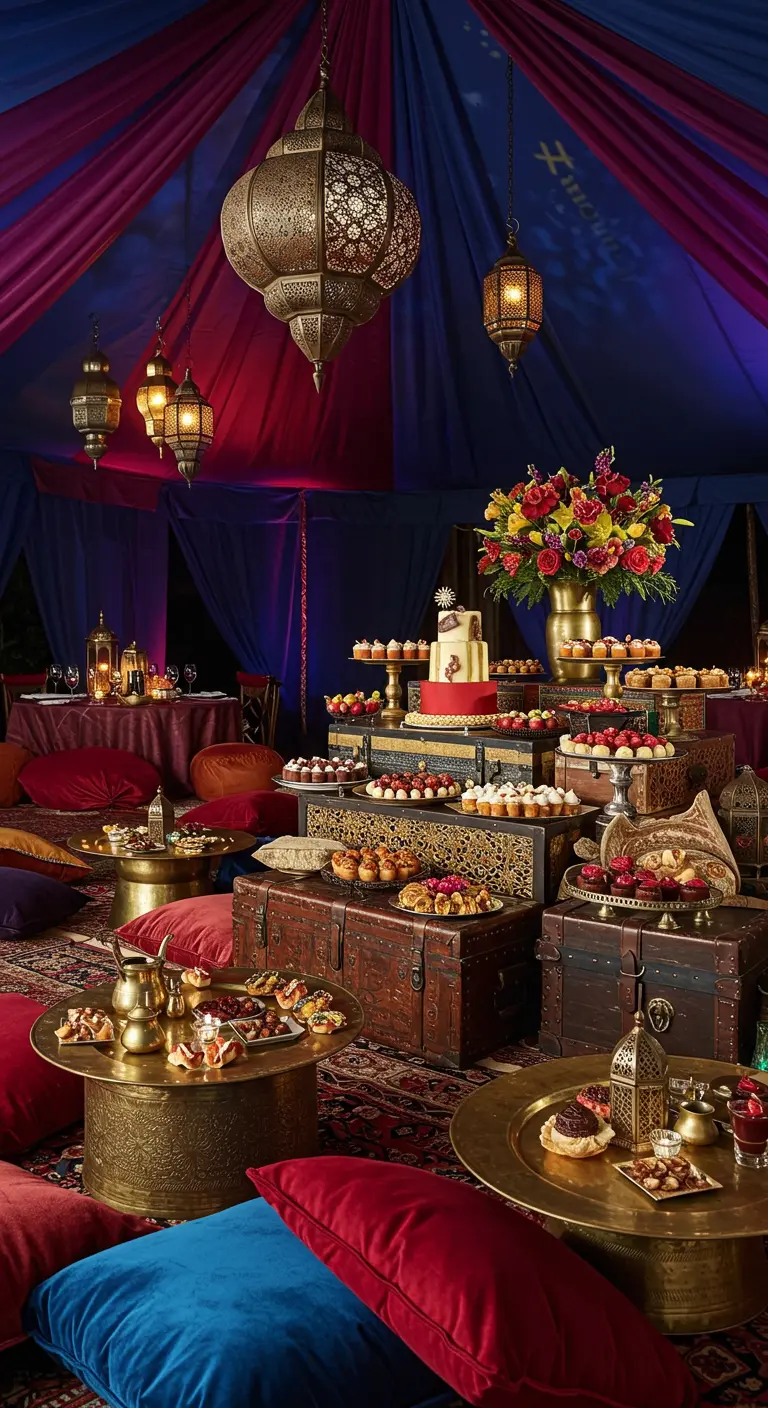 Arabisch themafeest met gekleurde doeken, lantaarns en koffers als tafels.