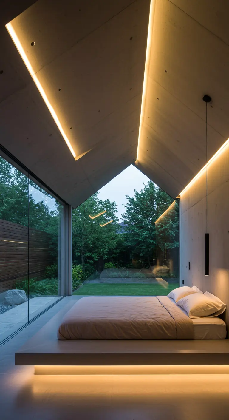 Moderne slaapkamer met schuin betonnen plafond, verlicht door ingebouwde LED-strips en een hanglamp.