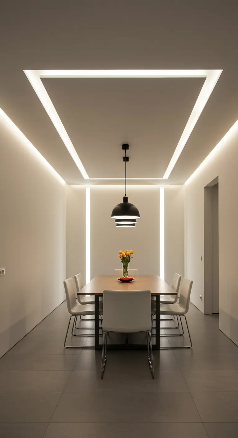 Strakke, moderne eetkamer met ingebouwde led-verlichting in het plafond en de muren.