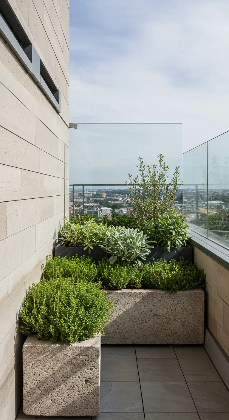 Modern balkon met gelaagde, stenen plantenbakken vol met diverse kruiden.