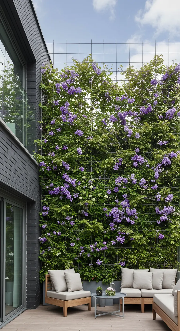 Moderne gevel van een gebouw, volledig bedekt met paarse clematis.