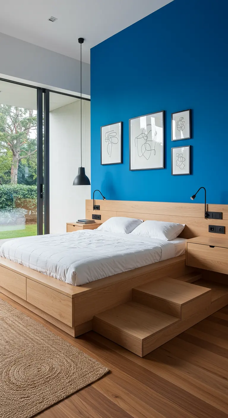 Slaapkamer met platformbed en ingebouwde treden, kobaltblauwe accentmuur en minimalistische kunst.