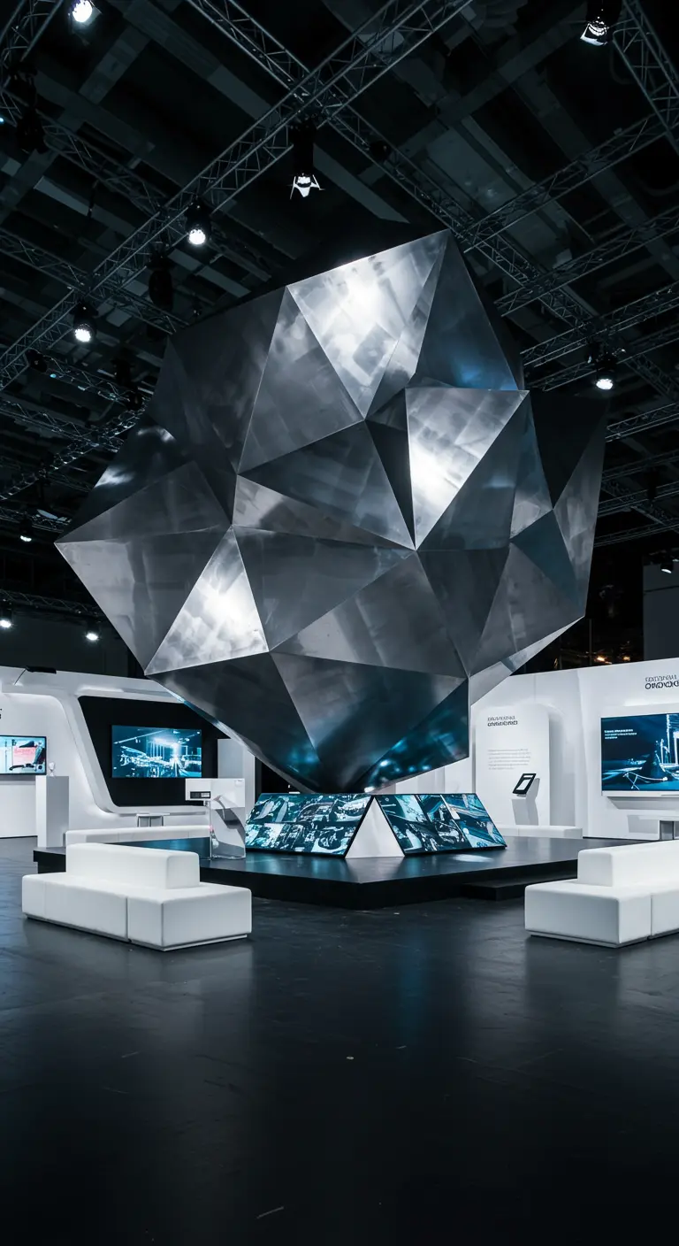 Grote metalen geometrische sculptuur in het midden van een moderne tentoonstellingsruimte met witte banken.