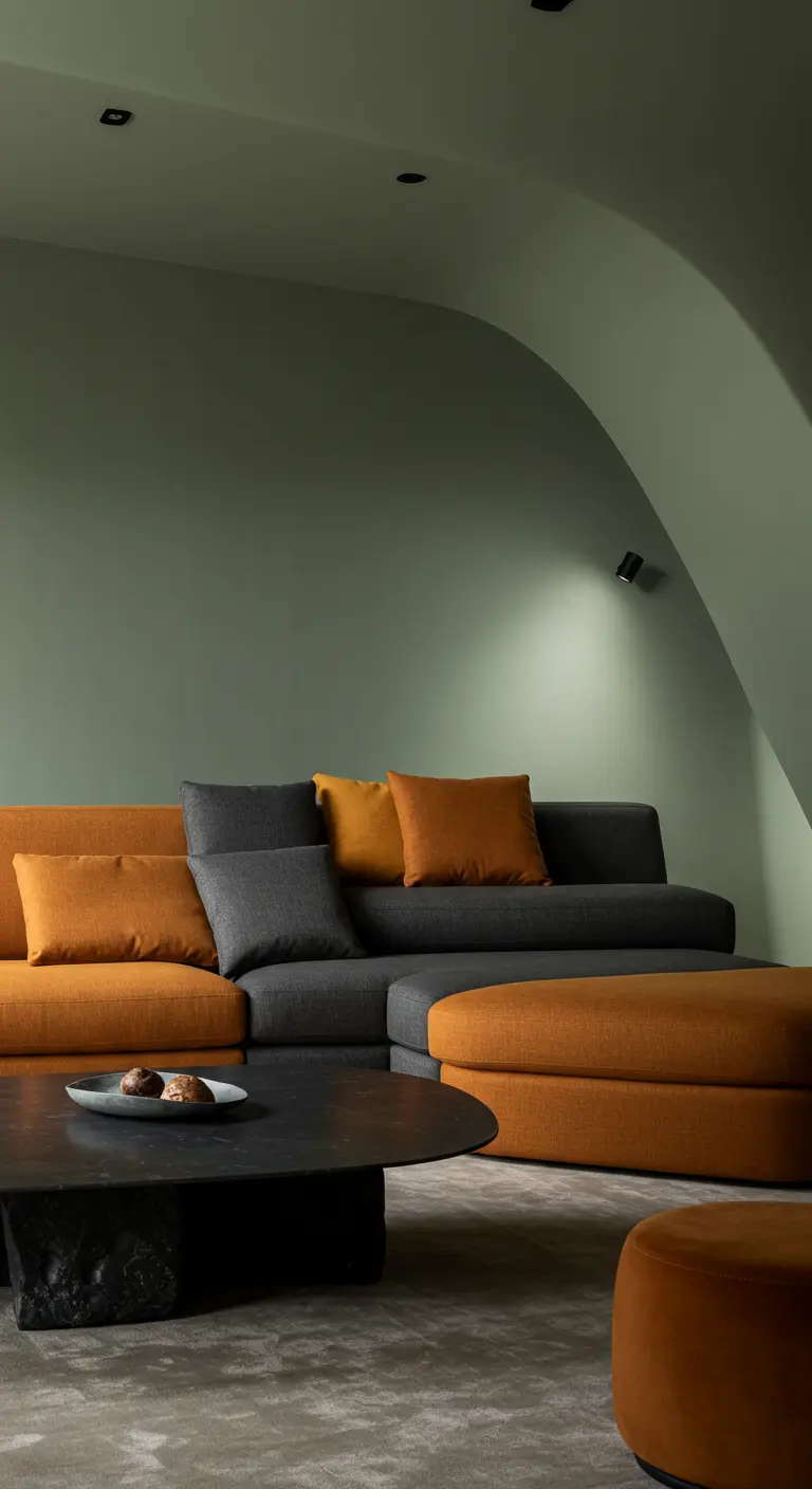 Moderne woonkamer met saliegroene muren, ronde accenten, grijze bank en amberkleurige poef