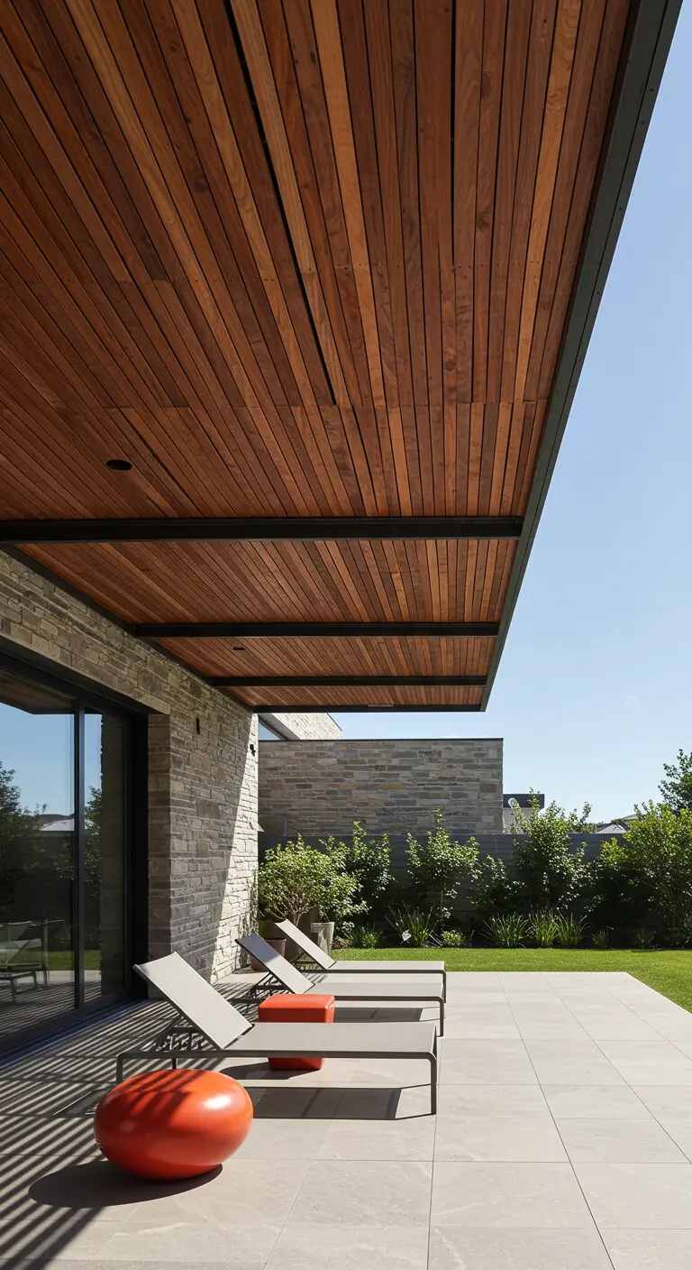 Modern huis met een uitstekend houten dak dat schaduw biedt aan het terras.