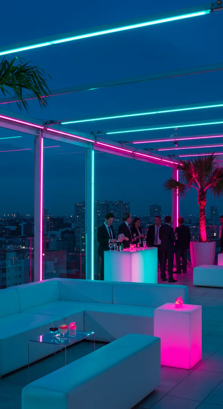 Modern dakterras met loungebanken, verlicht met strakke roze en blauwe neonlijnen.