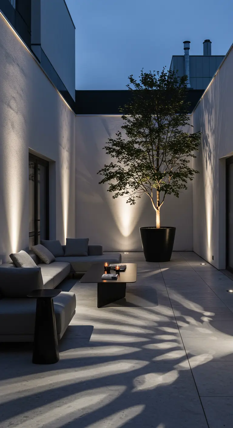 Moderne, minimalistische patio met uplighting op de muren en een verlichte boom.