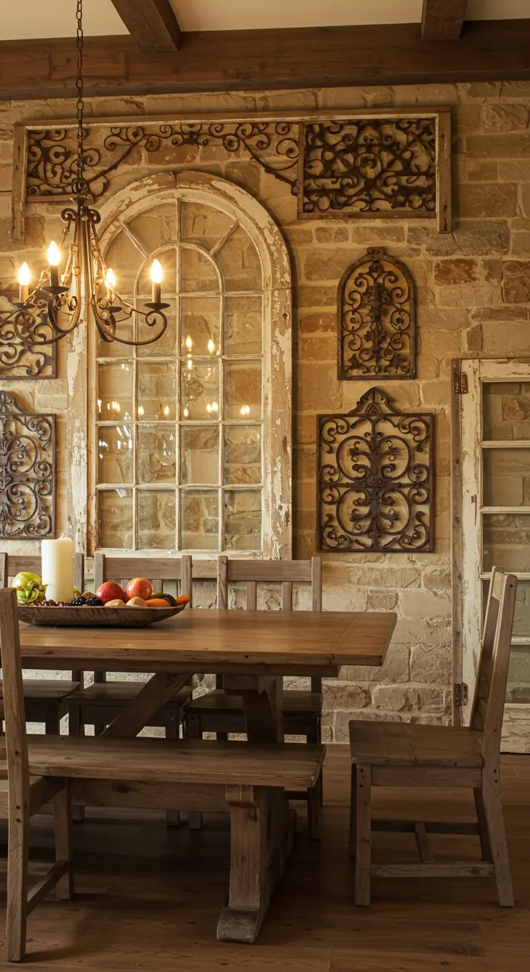 Rustieke eetkamer met een oud raamkozijn en smeedijzeren ornamenten aan de muur.