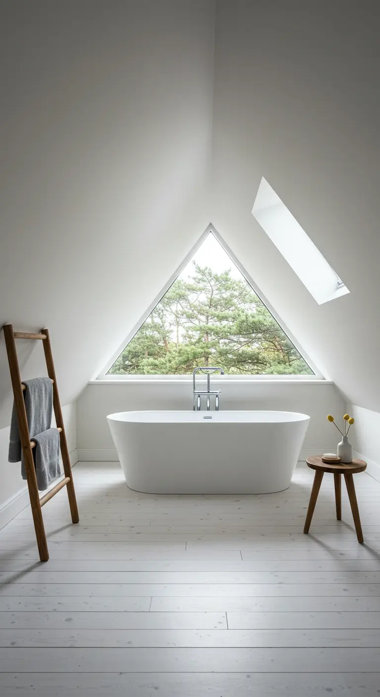 Minimalistische witte zolderbadkamer met een driehoekig raam en een vrijstaand bad.