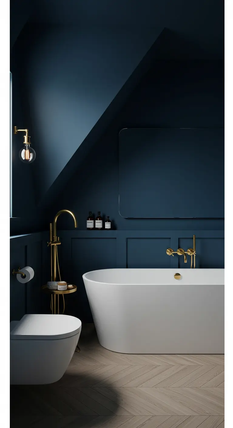 Stijlvolle badkamer met diepblauwe muren met schuine hoeken en gouden kranen.