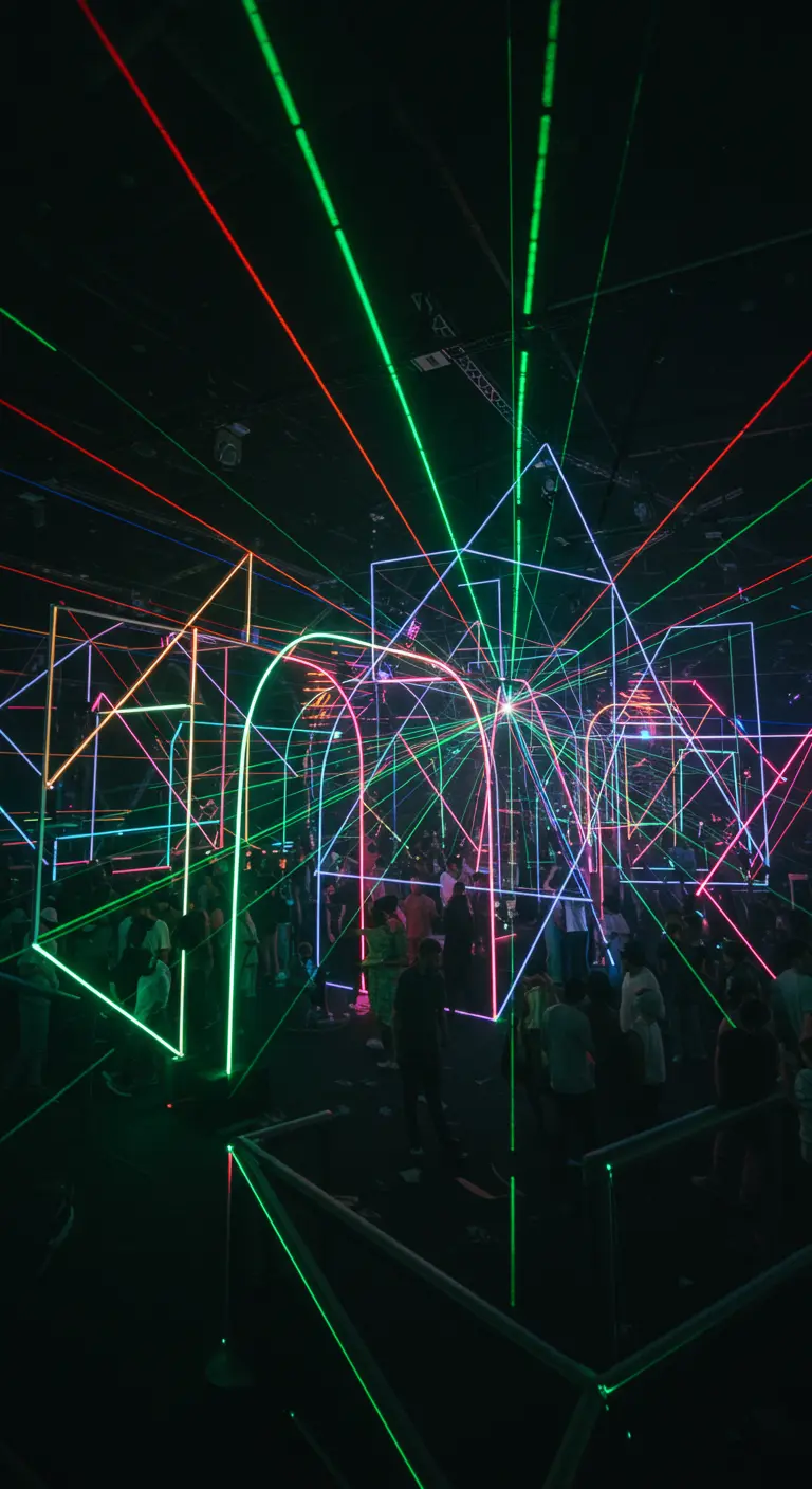 Mensen in een ruimte vol met gekleurde laserstralen die vormen creëren.