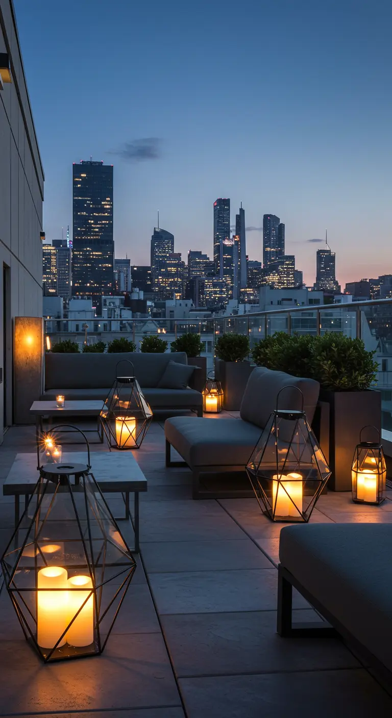 Modern dakterras met uitzicht op een skyline, verlicht door grote, geometrische metalen lantaarns.