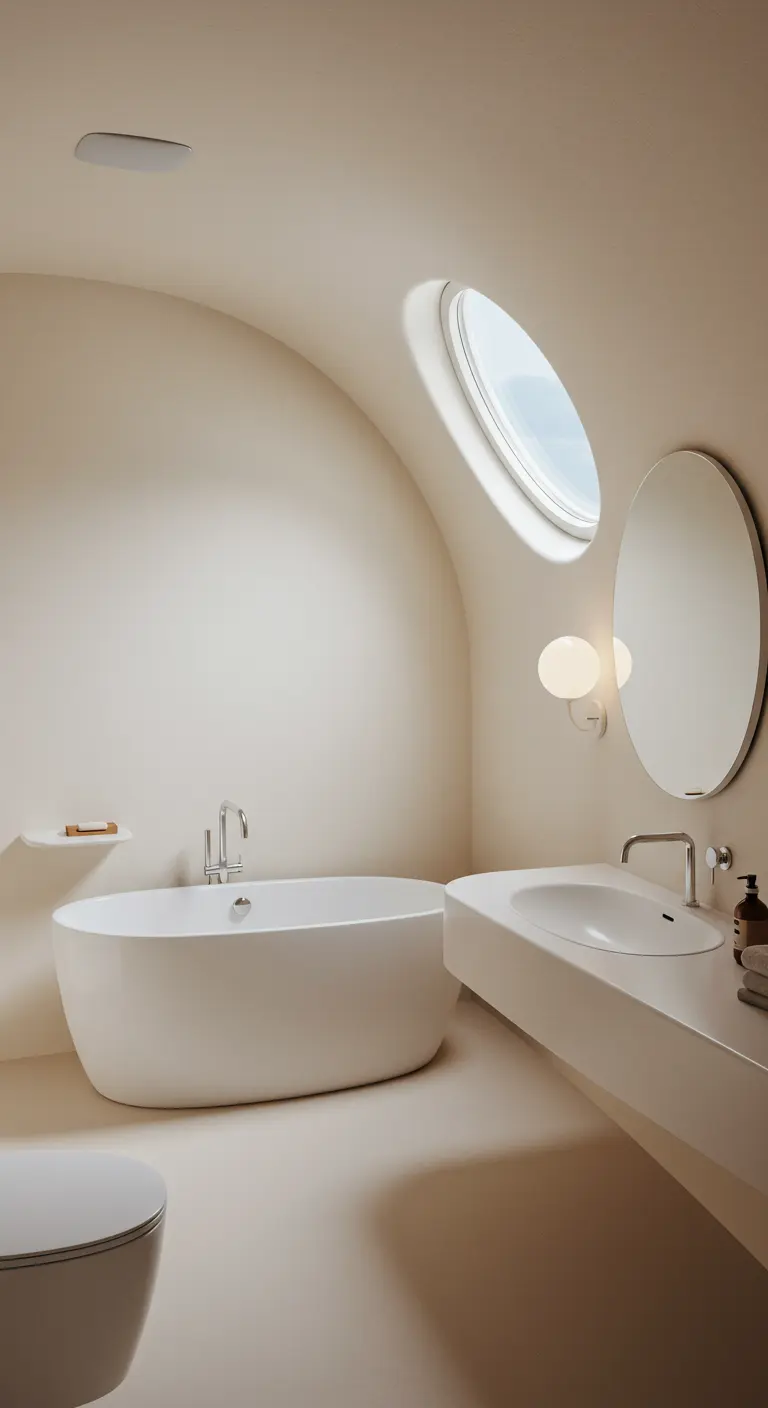 Minimalistische badkamer met een gebogen plafond en een ovaal dakraam dat licht binnenlaat.