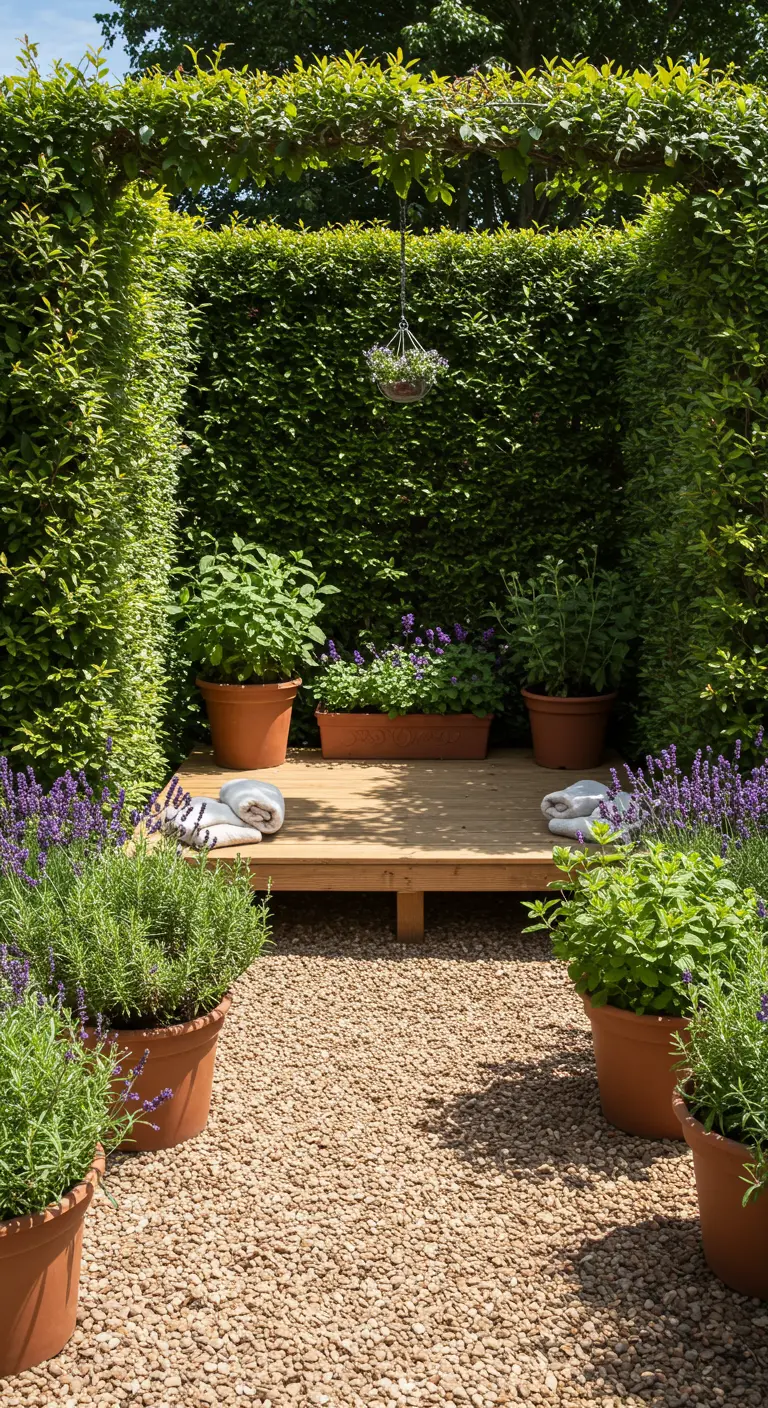 Verhoogde houten vlonder omringd door potten met geurige kruiden zoals lavendel en munt.