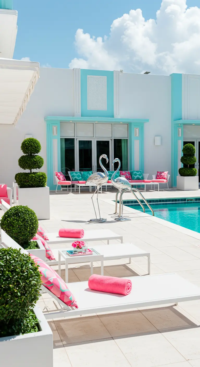 Modern zwembad met witte ligbedden, turquoise en roze accenten, en zilveren flamingo's.