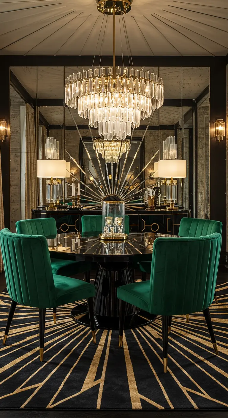 Luxe Art Deco eetkamer met smaragdgroene fluwelen stoelen en een zwart-goud tapijt.