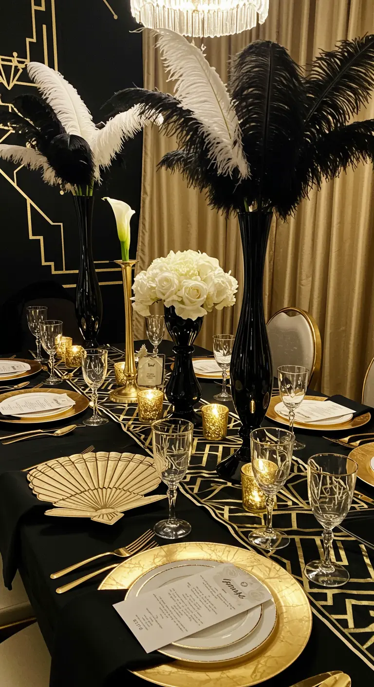 Art Deco tafelstyling met zwarte en witte veren, goud bestek en waaiers.