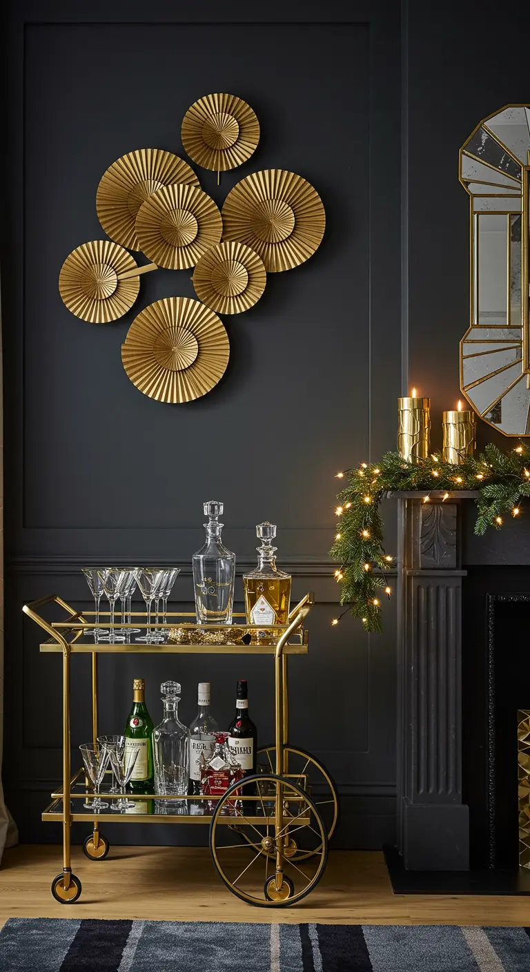 Gouden bar cart voor een donkergrijze muur met gouden papieren waaiers als wanddecoratie.