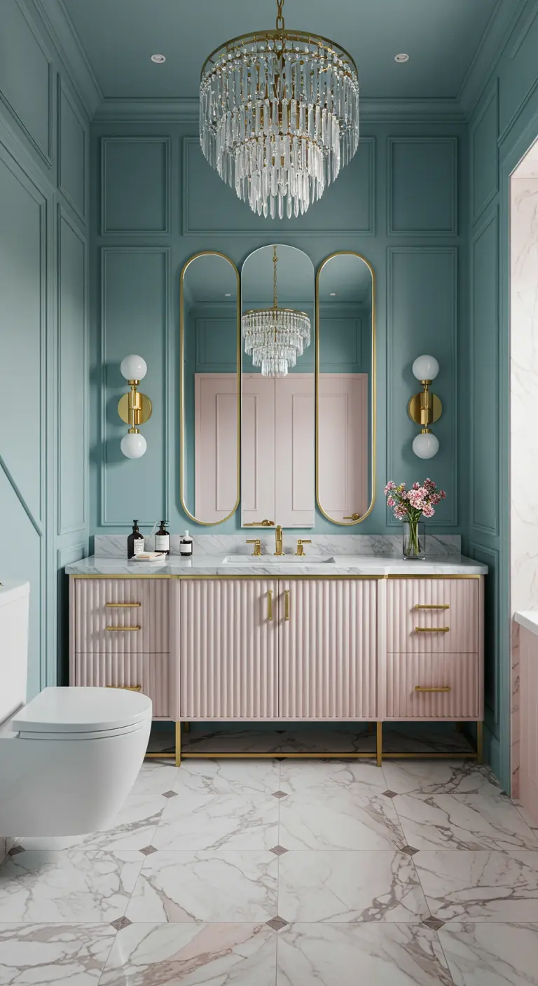 Luxe badkamer in art-decostijl met blauwe wandpanelen, een roze meubel en gouden details.