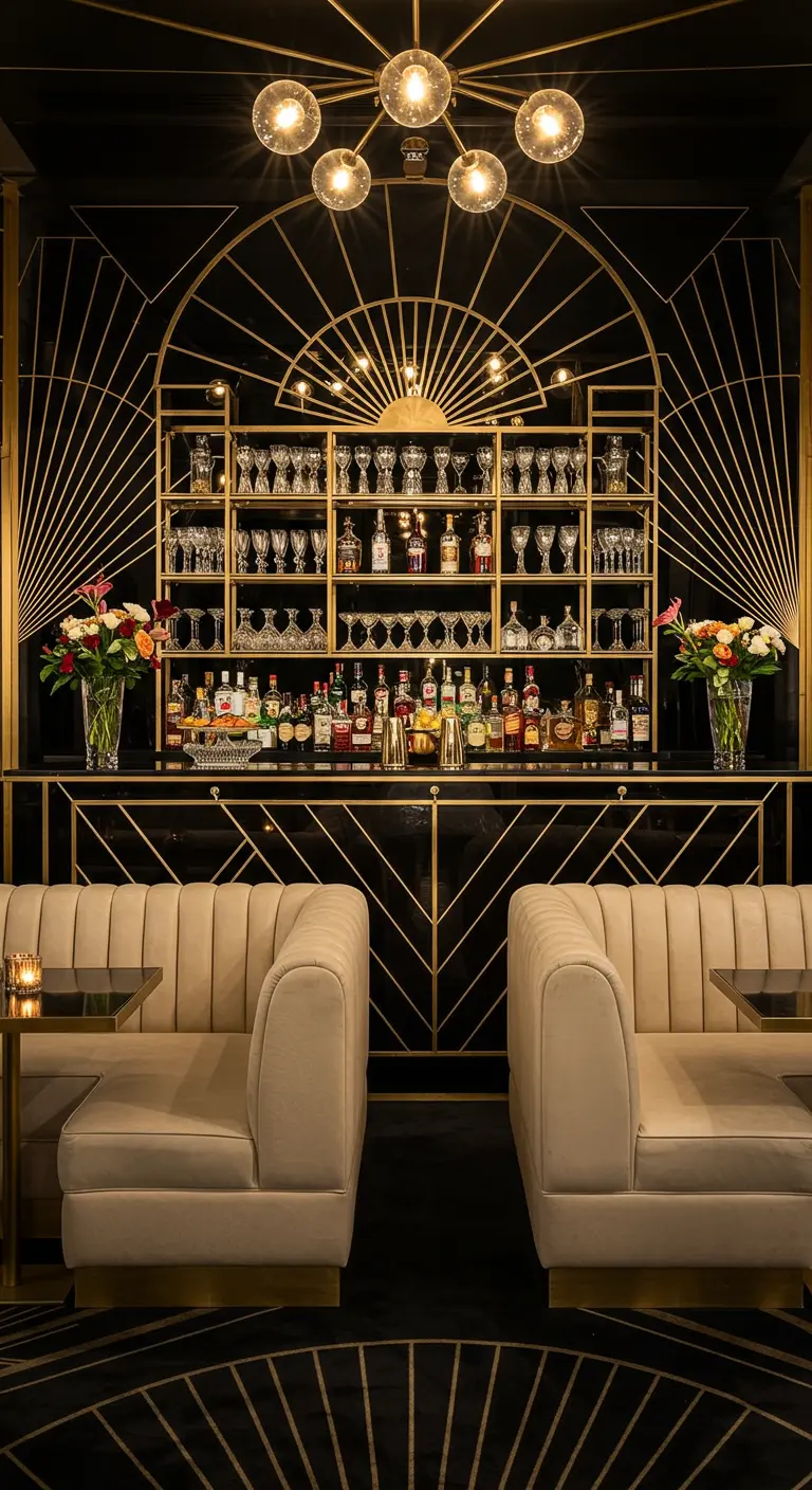 Art Deco bar met gouden geometrische details, crèmekleurige banken en sfeerlicht.