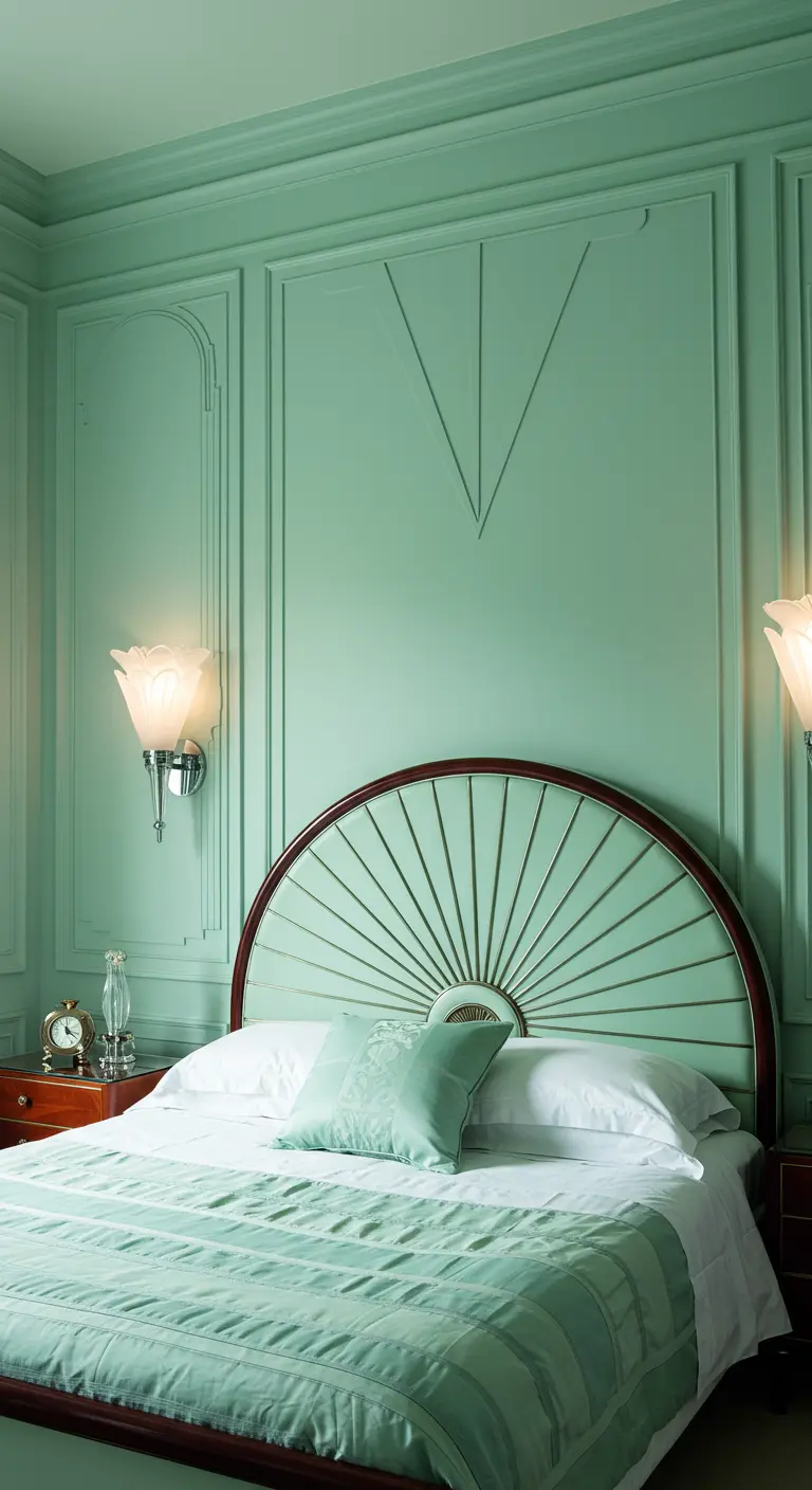 Slaapkamer in art-deco stijl met een mintgroen waaiervormig hoofdbord.