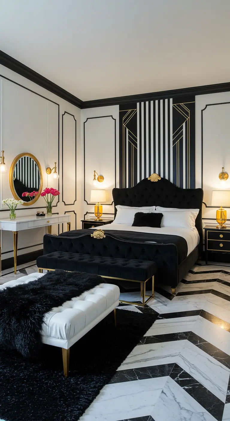 Art Deco slaapkamer met zwart fluwelen bed, gouden details, zwart-wit chevron marmeren vloer.