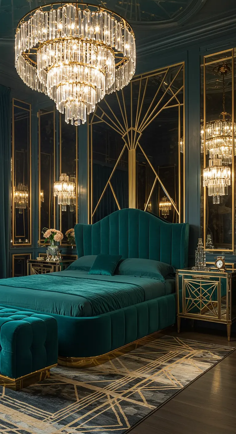 Smaragdgroene Art Deco slaapkamer met gouden accenten, spiegelmeubels en grote kristallen kroonluchter.