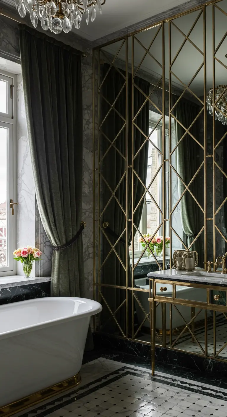 Luxe badkamer met een volledige spiegelwand met gouden geometrisch frame naast een groot raam.