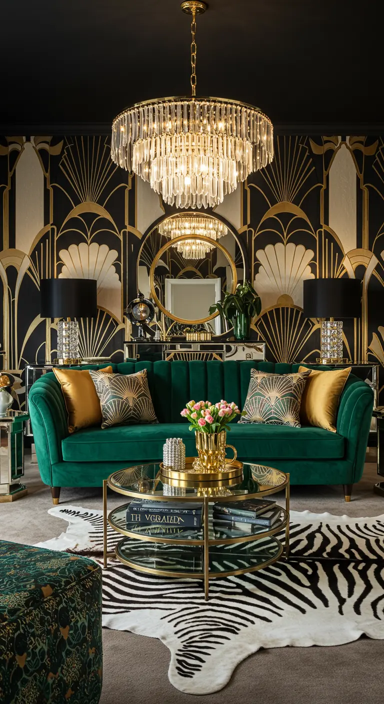 Art Deco woonkamer met groene bank, zebrakleed en goud-zwart behang.