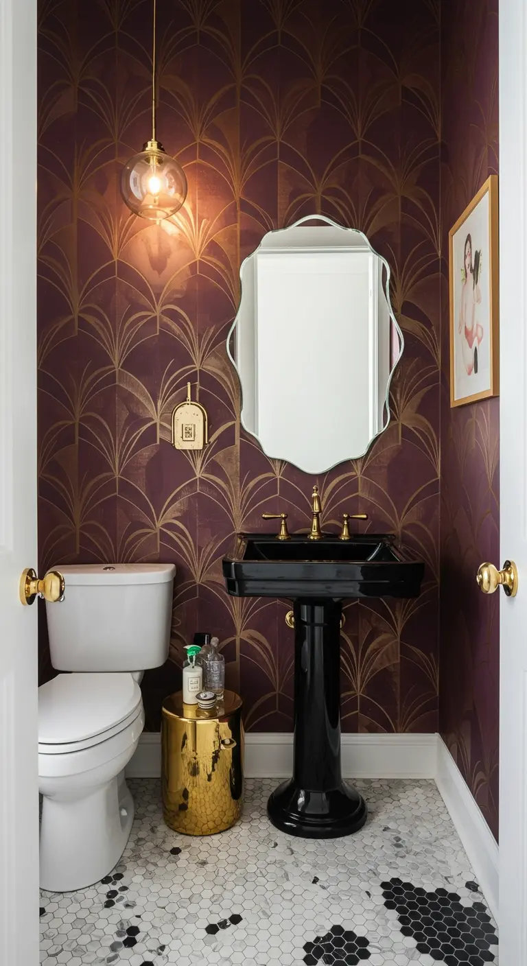 Toiletruimte met aubergine art-deco behang, zwarte wastafel op zuil en gouden accenten.