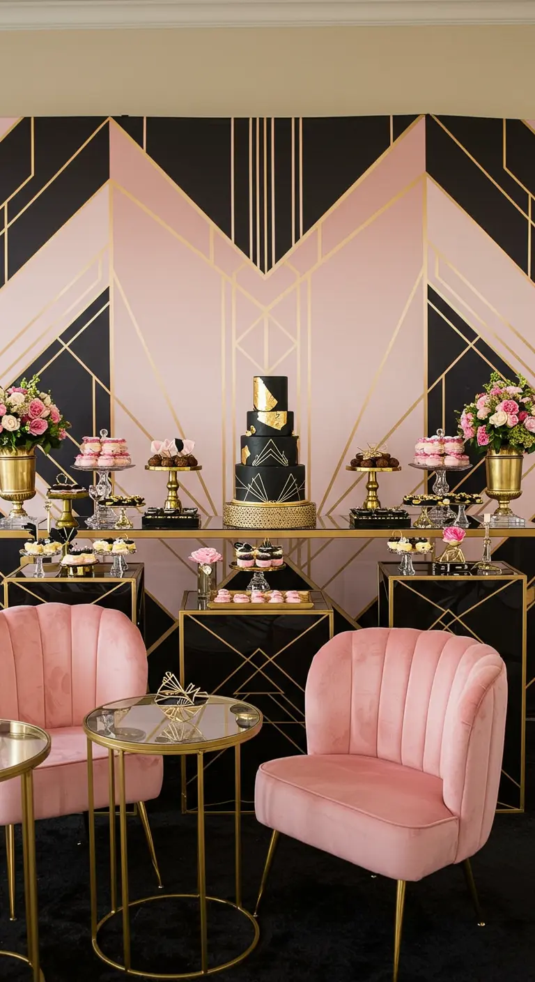 Art-deco-stijl desserttafel met geometrische achtergrond en roze fluwelen stoelen.