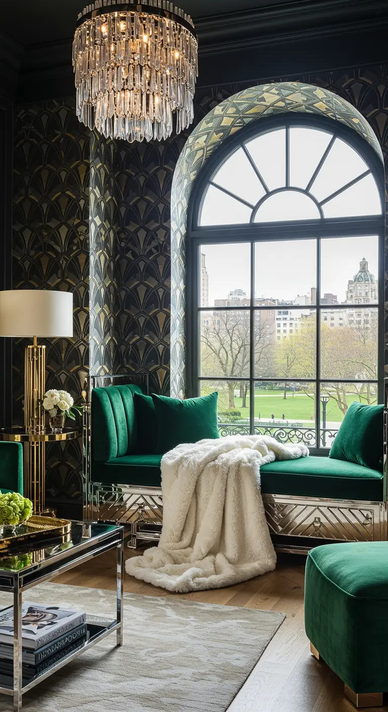 Art deco raamzitplek met groene fluwelen kussens en chromen details.