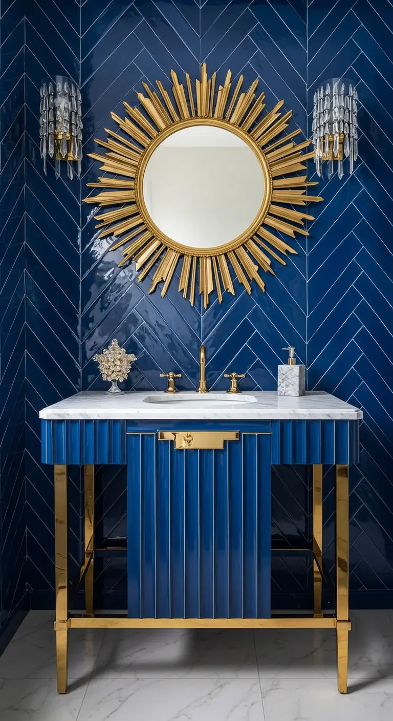Koningsblauwe badkamer met visgraat zelliges, gouden zonnespiegel en art deco meubel.