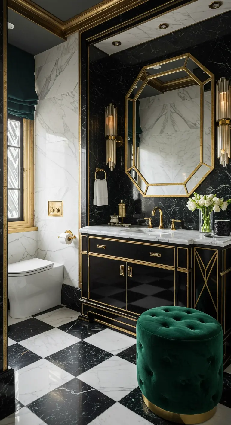 Art Deco badkamer met zwart-wit geblokte marmeren vloer, gouden details en groene poef.