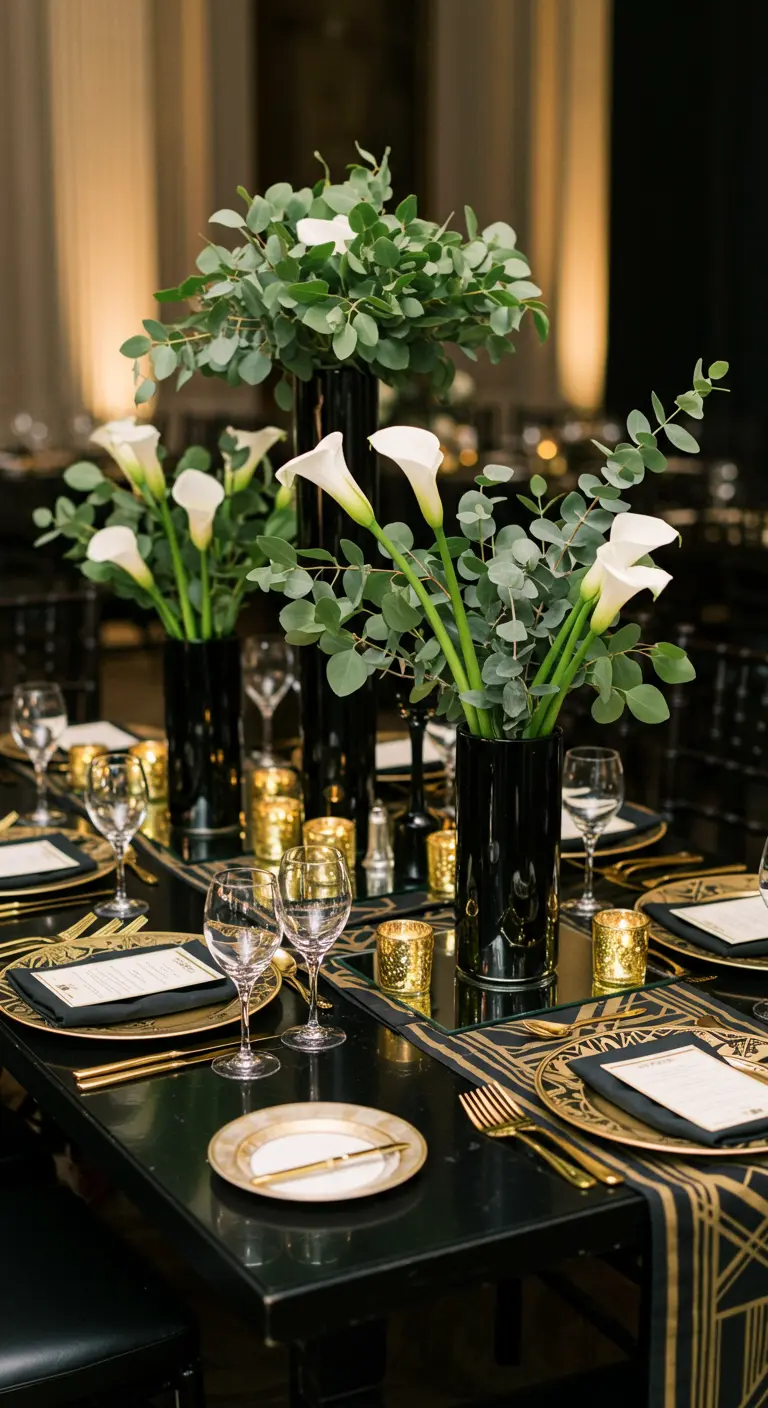 Elegante Art Deco tafelsetting met zwarte vazen, witte calla's, eucalyptus en gouden details.