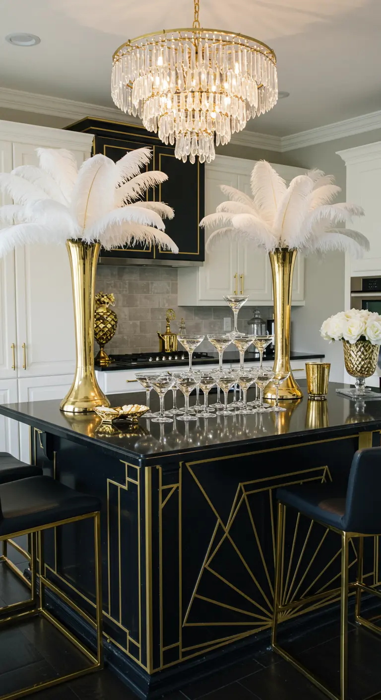 Zwart-gouden bar in Art Deco-stijl met witte veren en champagneglazen.