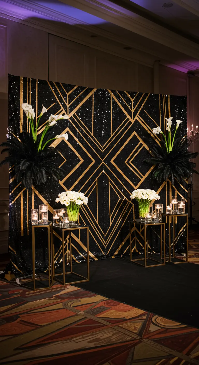 Zwart-gouden Art Deco backdrop met geometrische lijnen en witte bloemen.
