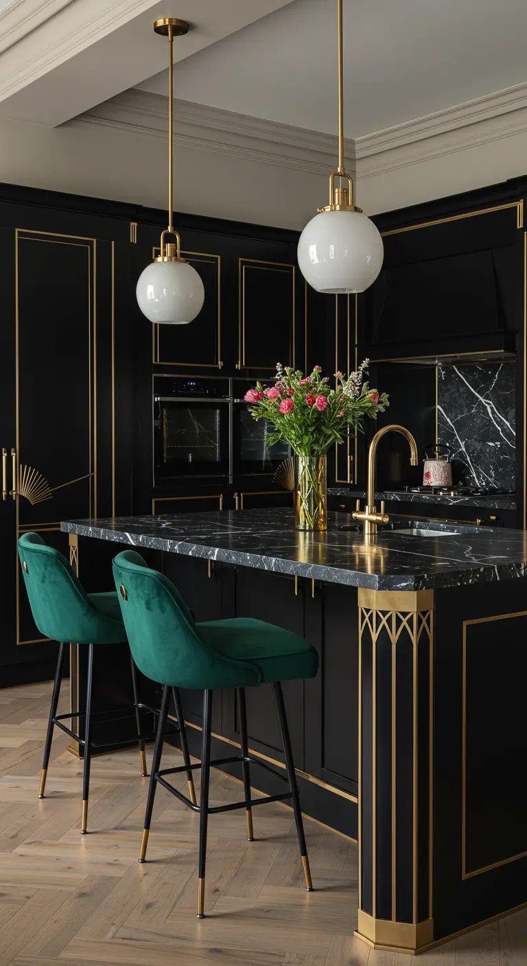 Zwarte Art Deco keuken met gouden belijning, zwart marmer en smaragdgroene fluwelen barkrukken.