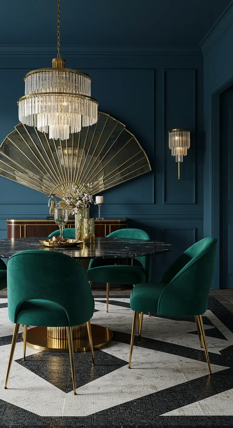 Art Deco eetkamer met blauwe muren, groene fluwelen stoelen, marmeren tafel en gouden details.