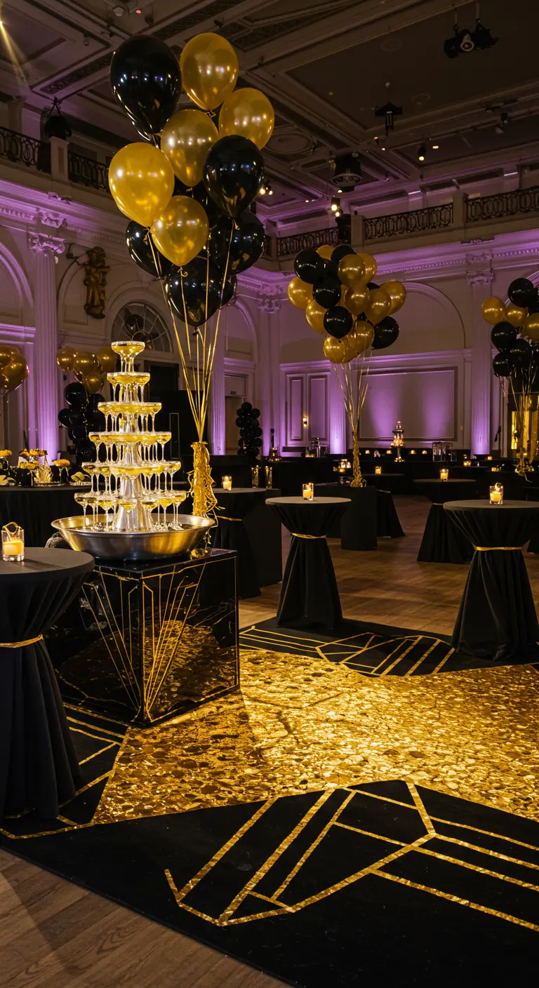 Feestzaal in Art Deco stijl met zwart-gouden tapijten en een champagnetoren.